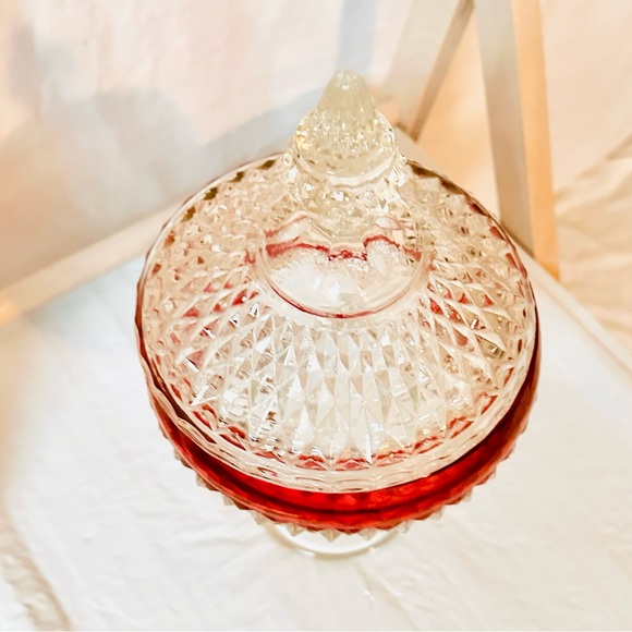 Vintage Indiana Glass Diamond Point Pedestal Candy Dish Ruby Band - Picture 3 of 5
